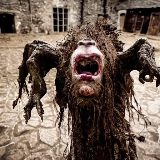 Image similar to horror, moody, still from film, daytime, muddy village square, wide shot, screeching mutant goat monster, powerful and huge, creeping on legs with hands where feet should be, mouth crammed full of filthy jagged teeth, matted brown fur, in muddy medieval village square