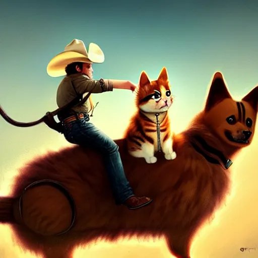 Prompt: fluffy cat in cowboy hat like a tiny girl riding on the back of a giant corgi, by greg rutkowski