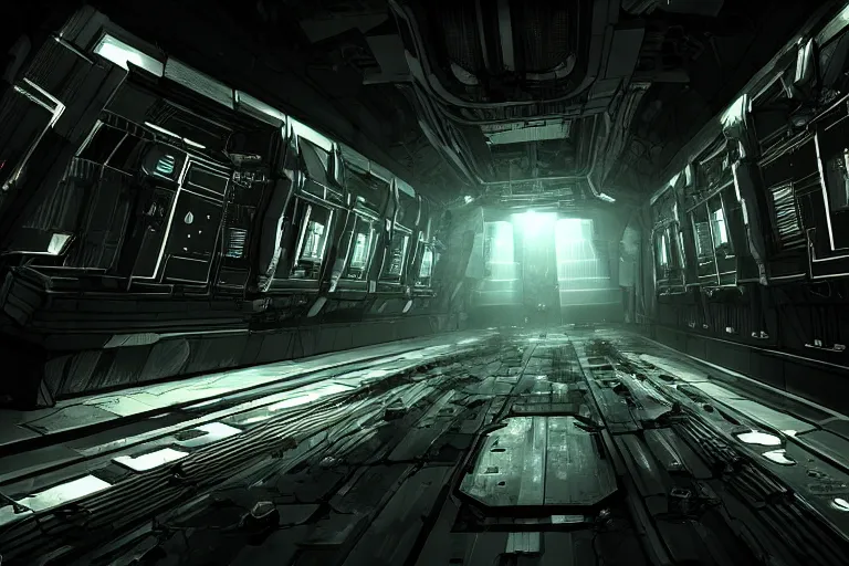 Image similar to a dark sci - fi scene of a spacecraft interior, corridor, rows of doors, sparks from ceiling lights in the style of dead space, cinematic,