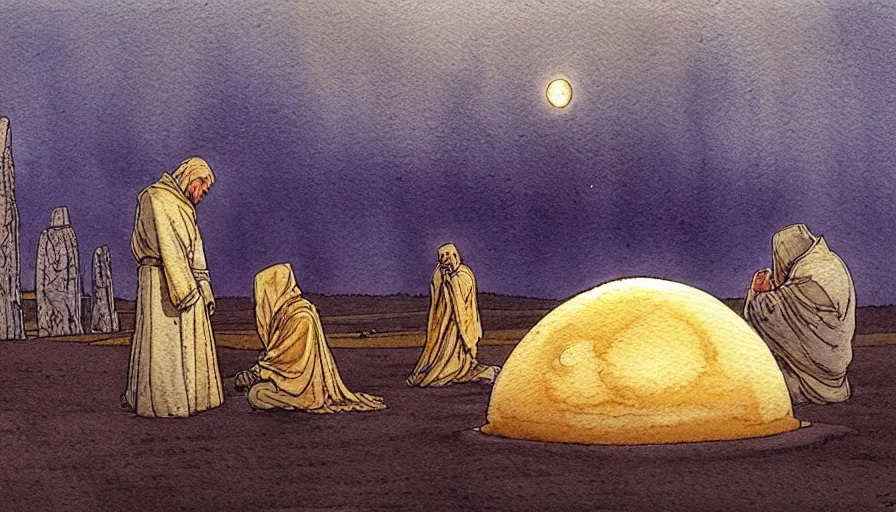 Prompt: a realistic and atmospheric watercolour fantasy concept art of a golden ufo landing in stonehenge. a giant medieval monk in grey robes on his knees praying. a sliver of moon in the sky. muted colors. by rebecca guay, michael kaluta, charles vess and jean moebius giraud