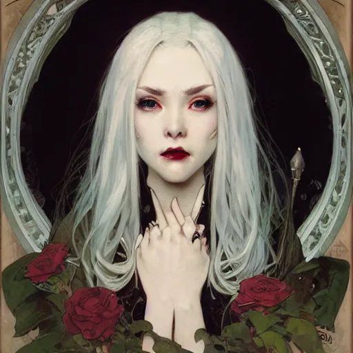 Prompt: portrait of a menacing beautiful vampire by Stanley Artgerm Lau , greg rutkowski, thomas kindkade, alphonse mucha, loish, norman rockwell, J. C. Leyendecker. bright white hair, pale skin, angry complexion, detailed eyes, clean face. D&D, fantasy. Trending on artstation rule of thirds extremely detailed old illustration hd 4k