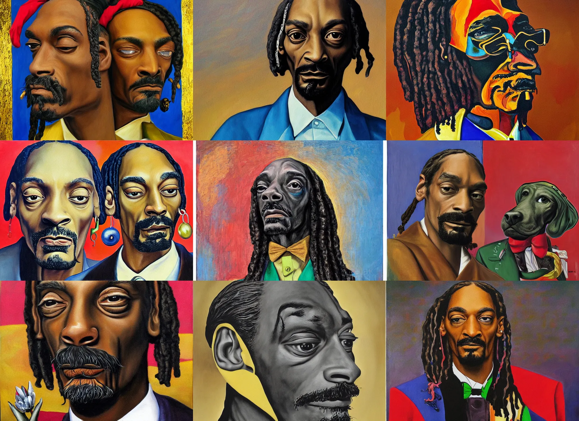 Prompt: a full portrait of snoop dogg, painting by max ernst
