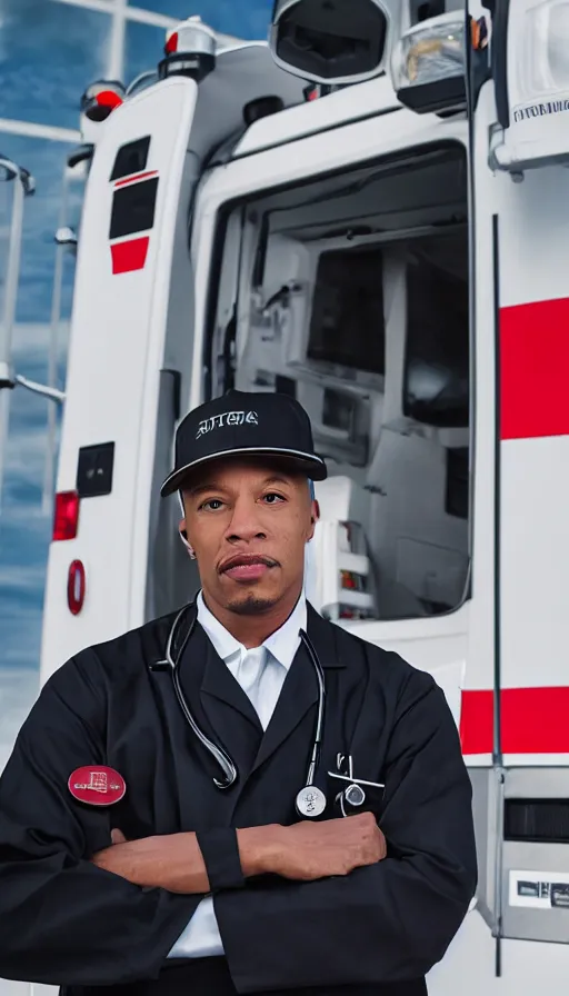 Image similar to dramatic award winning photo dr. dre wearing a stethoscope, lab coat, black baseball cap, in front of an ambulance outside of a hospital, low angle shot, cinematic lighting