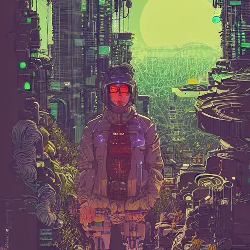 Image similar to Stunningly intricate illustration of single cyberpunk explorer overlooking lush forest, highly detailed, midnight, small glowing orbs by Josan Gonzalez and James Gilleard , Moebius, Laurie Greasley