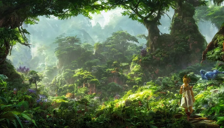 Image similar to craig mullins and studio ghibli illustration of the beastlands, avatar ( 2 0 0 9 ), lush landscape, jungle landscape, flowers, unreal engine, hyper realism, realistic shading, cinematic composition, realistic render, octane render, detailed textures, photorealistic, wide shot