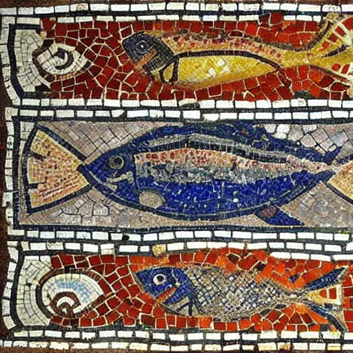 Prompt: roman mosaic of fish from pompeiian villa