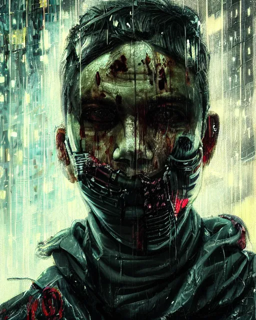 Image similar to detailed portrait, corrupt, virus, zombie, rain, cyberpunk futuristic neon, reflective puffy coat, decorated with traditional japanese ornaments by ismail inceoglu dragan bibin hans thoma greg rutkowski alexandros pyromallis nekro rene maritte illustrated, perfect face, fine details, realistic shaded, fine - face, pretty face