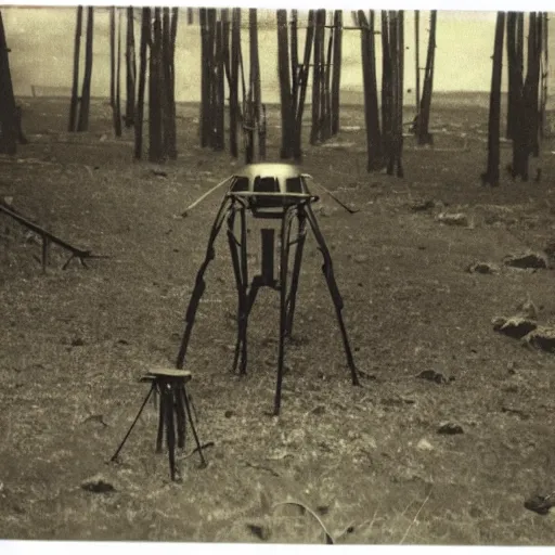 Prompt: old polaroid depicting a martian tripod walker from war of the worlds, at a clearing, in the distance
