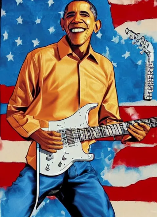 Image similar to Barack Obama shredding on an electric guitar in the style of Jason Edmiston