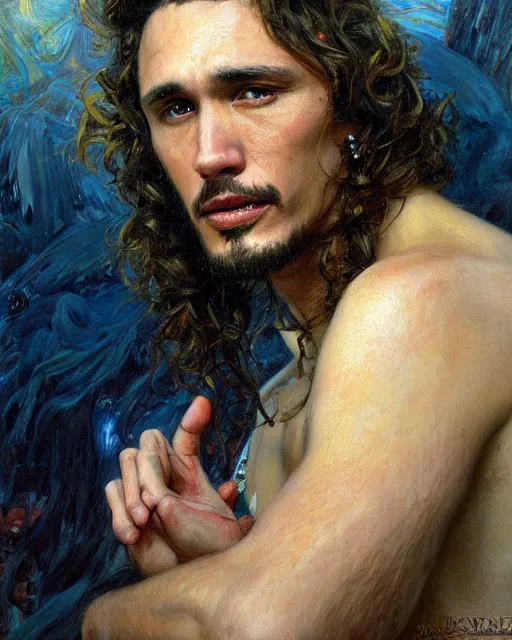 Image similar to beautiful realistic artistic detailed portrai of james franco by gaston bussiere, donato giancola