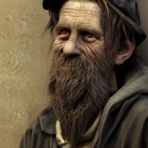 Prompt: homeless man hobo with long beard in asylum, hyper detailed, digital art, trending in artstation, cinematic lighting, studio quality, smooth render, unreal engine 5 rendered, octane rendered, art style by klimt and nixeu and ian sprigger and wlop and krenz cushart.
