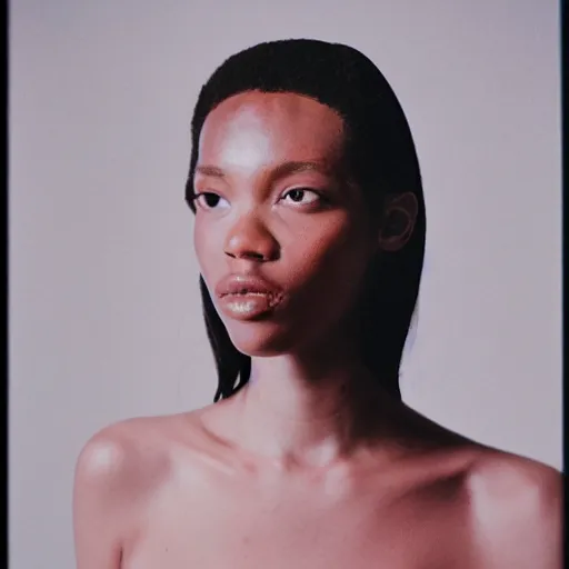 Image similar to realistic! photoshoot for a new maison margiela lookbook, color film photography, portrait of a beautiful woman, in style of Campbell Addy, 35mm