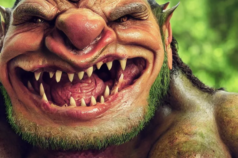 Image similar to close up portrait photo of a happy orc. high resolution color photo, times magazine 2 0 2 1