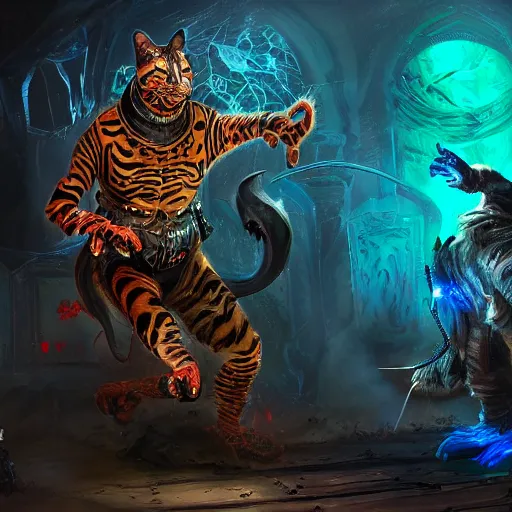 Prompt: a bengal cat with RGB LED body armor fighting a wraith inside a haunted house, dark fantasy, horror, highly detailed, digital painting, concept art, illustration, trending on artstation. deviantart