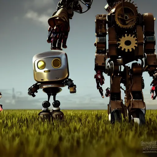 Image similar to robot with little girl collect flowers in the field, steampunk, cyberpunk, 4k, hyperrealistic, focused, high detail, unreal engine 5, cinematic