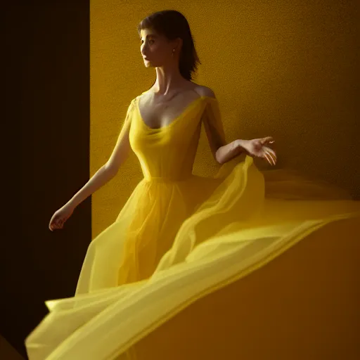 Prompt: woman in yellow organza dress dancing, ultra realistic, concept art, intricate details, dark vibe, highly detailed, photorealistic, octane render, 8 k, unreal engine,