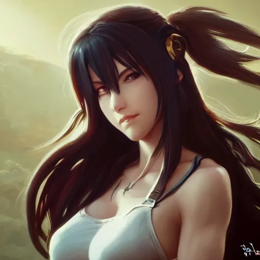 Prompt: Tifa from FF7R, D&D, fantasy, highly detailed, digital painting, artstation, smooth, sharp focus, illustration, art by artgerm and greg rutkowski and alphonse mucha