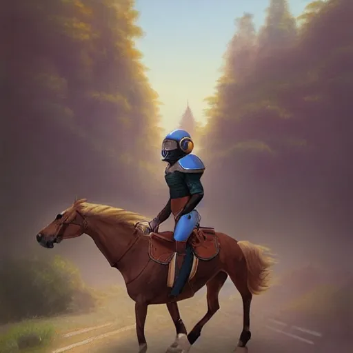 Image similar to a painting of a person riding a horse on a road, concept art by chris labrooy, cgsociety, retrofuturism, sci - fi, concept art, futuristic