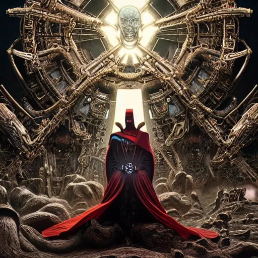 Image similar to symmetric frame of dr doom from Prometheus movie, from doctor strange by beksinski, cyborg dr doom mecha by guo pei and alexander mcqueen metal couture editorial, eldritch epic monumental wallpaper by beksinski by Yuko Shimizu