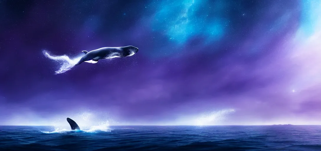 Image similar to an epic wide angle shot of a lonely whale flying above the sea, cosmic starry sky, concept art, purple theme atmospheric lighting by leesha hannigan