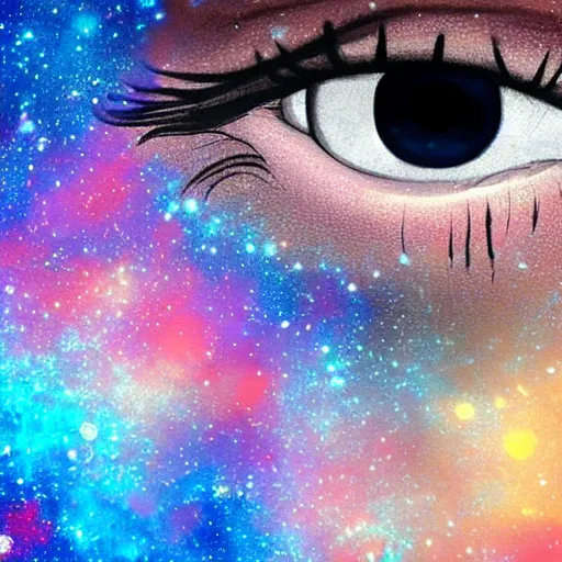 Prompt: a beautiful girl's eyes, vast stars are hidden in the eyes, 8 k, stunning, dream, highly detailed, super macro, surrealist, close - up view