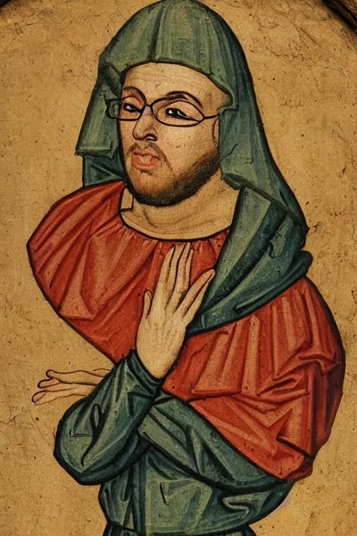Image similar to medieval painting of anthony fantano