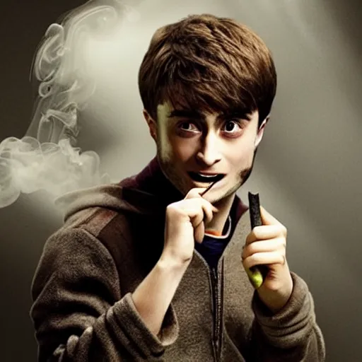Prompt: daniel radcliffe as harry potter, smoking a fat blunt, accurate face, smoke cloud, photorealistic, cinematic lighting