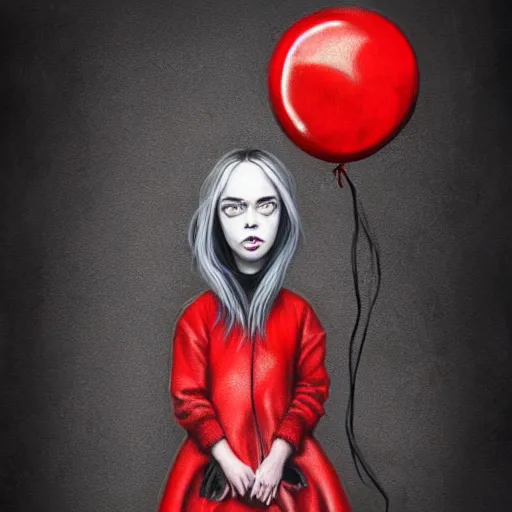 Image similar to surrealism grunge cartoon sketch of billie eilish with a wide smile and a red balloon by - michael karcz, loony toons style, horror theme, detailed, elegant, intricate