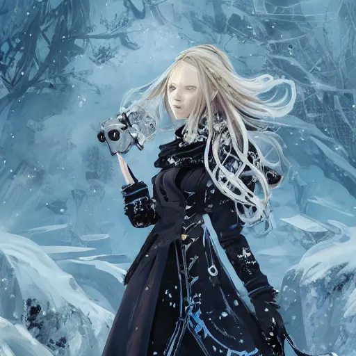 Prompt: highly detailed portrait of a pretty frostpunk necromancer lady with wavy blonde hair, by Dustin Nguyen, Akihiko Yoshida, Greg Tocchini, Greg Rutkowski, Cliff Chiang, 4k resolution, nier:automata inspired, bravely default inspired, vibrant but dreary blue, brown, black and white color scheme!!! ((Ice and snow covered background))