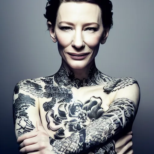 Prompt: high resolution image of cate blanchett with full body japanese tattoo , highly detailed, photorealistic, 4k