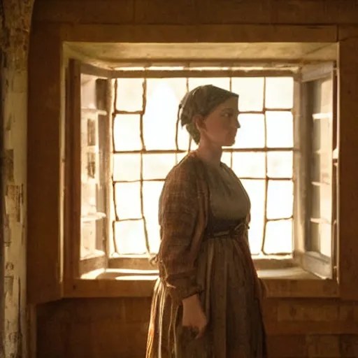 Prompt: scene from a 2 0 1 0 film set in the 1 2 th century showing a woman standing next to a window