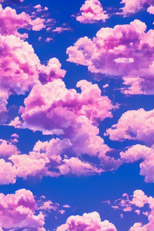 Image similar to seamless pattern of fluffy pink clouds in beautiful sky, colourful, symmetrical, repeating 35mm photography, ultra fine detail, 4k high definition, bold