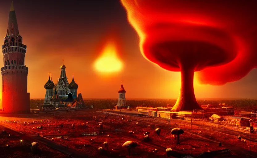 Image similar to nuclear explosion with realistic nuclear mushroom in Red Square Kremlin, cinematic shot, extremely high detail, photo realistic, cinematic lighting, post processed, artstation, matte painting, digital painting