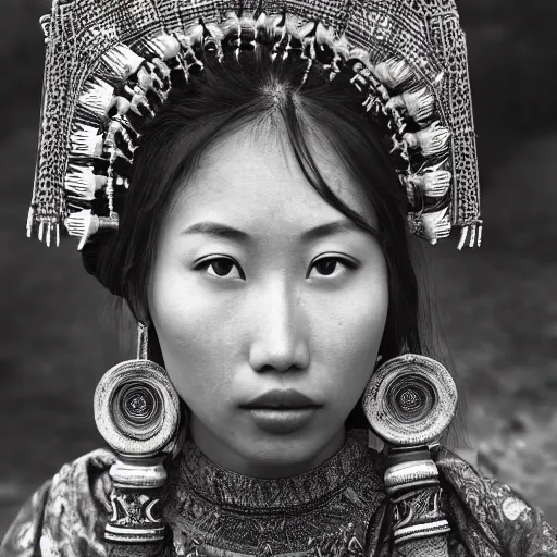 Image similar to vintage portrait of a stunningly beautiful asian tribal female, depth of field, zeiss lens, detailed, symmetrical, centered, fashion photoshoot, by edward s curtis, Annie Leibovitz and Steve McCurry, David Lazar, Jimmy Nelsson, Breathtaking, 8k resolution, extremely detailed, beautiful, establishing shot, artistic, hyperrealistic, beautiful face, octane render