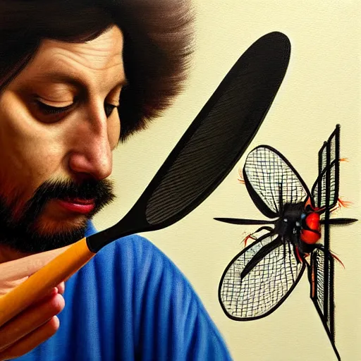 Image similar to hyperrealism painting from the housefly perspective getting swatted at from a man with a fly swatter