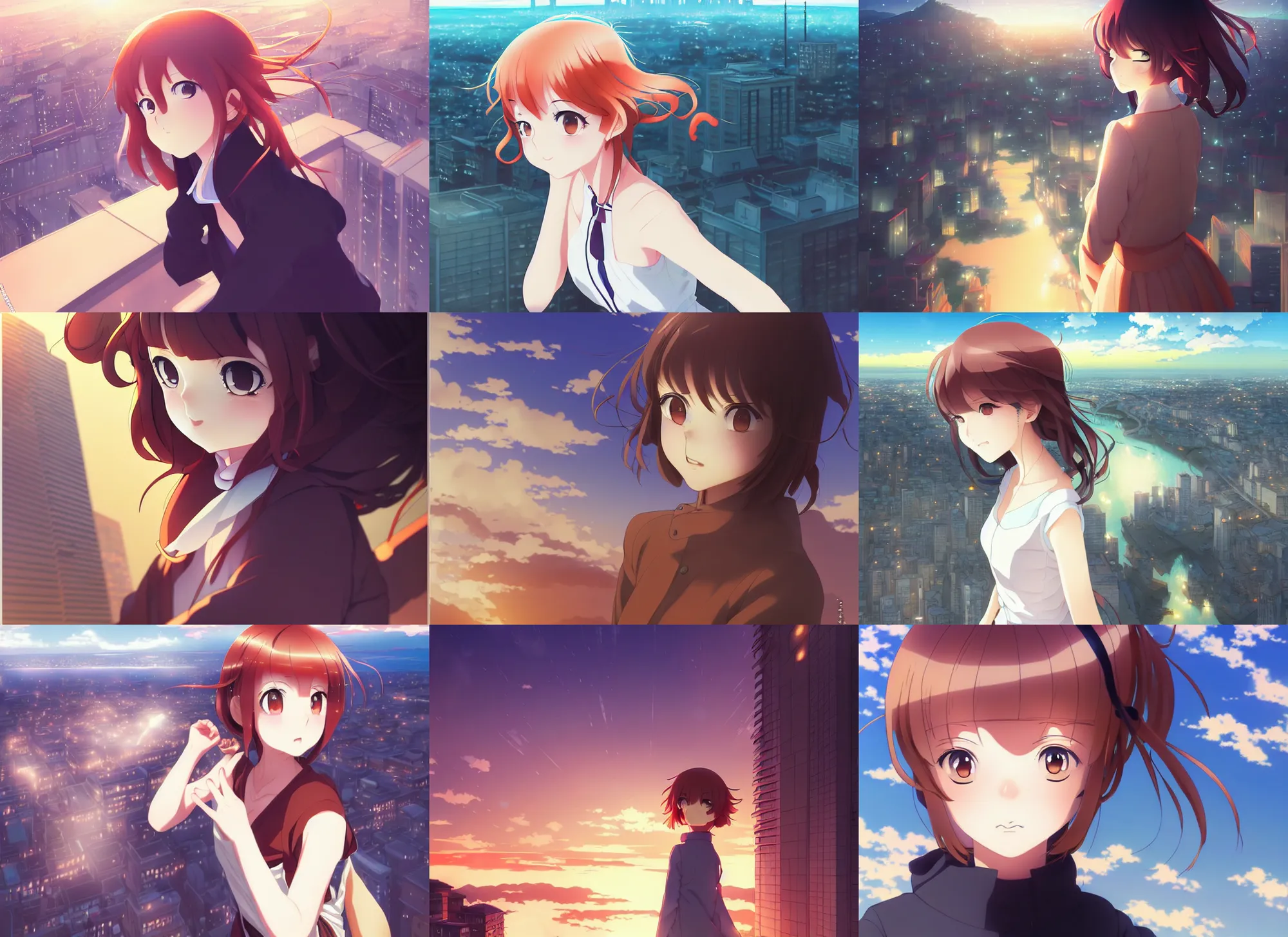 Prompt: anime visual, portrait of a young female sightseeing above the city, cute face by yoh yoshinari, katsura masakazu, dramatic lighting, dynamic pose, dynamic perspective, strong silhouette, ilya kuvshinov, cel shaded, outlined!!!, rounded eyes, moody, detailed facial features