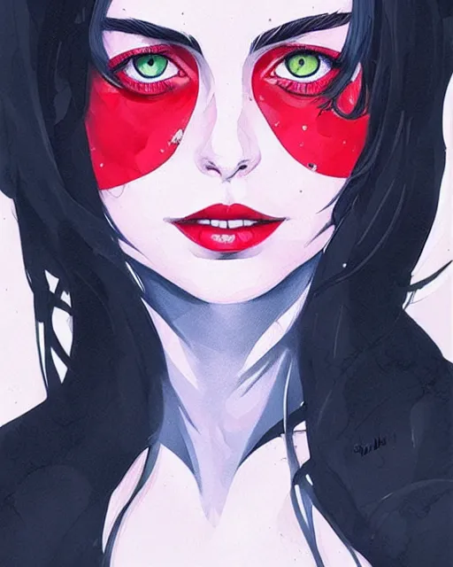 Image similar to style of conrad roset, artgerm : : gorgeous willa holland : : evil witch, swirling black magic : : symmetrical face, symmetrical eyes : : full body pose : : gorgeous black hair : : magic lighting, low spacial lighting : :