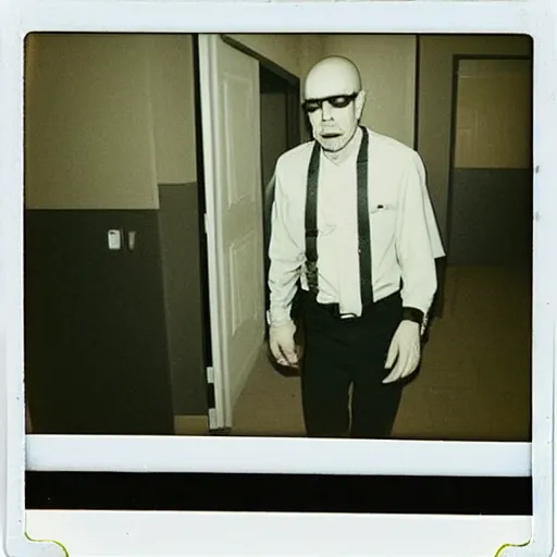 Image similar to A creepy polaroid photo of Walter White chasing you down a hallway