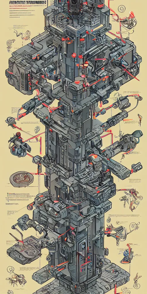 Prompt: isometric anatomy of the terminator, robot, cyborg, t100, diagrams, mystical, intricate ornamental tower floral flourishes, technology meets fantasy, map, infographic, concept art, art station, style of wes anderson