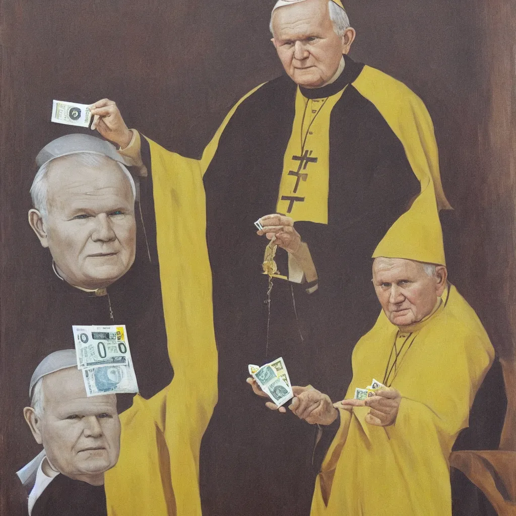 Image similar to Painting of John Paul II with a yellow face holding a 100 dollar bill in his hand