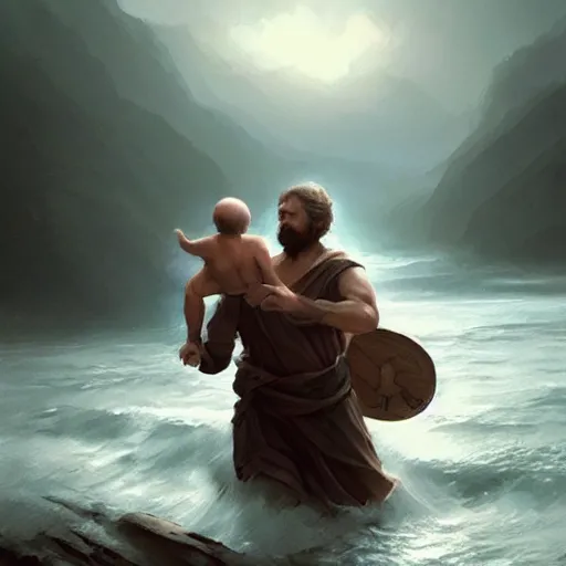 Prompt: st. christopher carrying baby jesus across a river on his shoulders, 4 k, concept art, by wlop, ilya kuvshinov, artgerm, krenz cushart, greg rutkowski, pixiv. cinematic dramatic atmosphere, sharp focus, volumetric lighting, cinematic lighting, studio quality