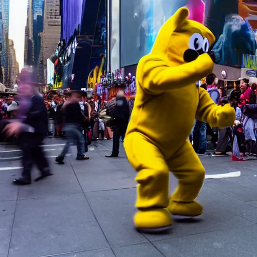 Prompt: An award winning photo, of a Teletubby, in the act of brutally curb stomping a man dressed in a Nazi uniform, in Time Square, NYC. 85mm lens, f1.8.