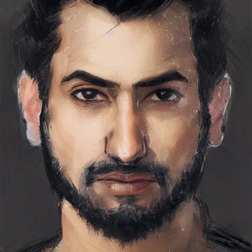 Image similar to Portrait of a man by Greg Rutkowski, he is about 30 years old, mixture between persian, indian and texan, wide forehead, short black hair, manly, attractive, strong and burly, he is wearing a utilitarian beige and black jumpsuit, highly detailed portrait, scifi, digital painting, artstation, concept art, smooth, sharp foccus ilustration, Artstation HQ