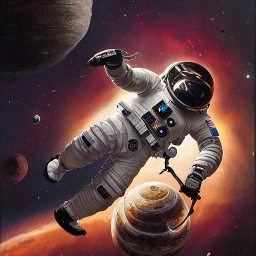 Image similar to detailed rococo painting of a black astronaut spacewalking, planets behind, symmetrical, realistic, art station nebulas, dynamic lighting, 8 k, star wars, art by greg rutkowski, kehinde wiley, alphonse muca