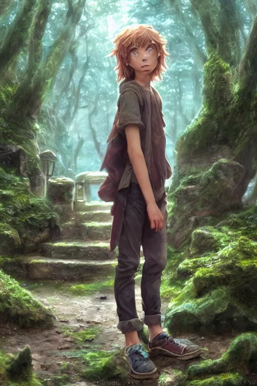 Image similar to a highly detailed matte painting of a teenager with shaggy hair and hip clothes standing in front of a stone gate in the elven forest ruins, by studio ghibli, by artgerm, by wlop, by greg rutkowski, red tones, volumetric lighting, octane render, 4 k resolution, trending on artstation, masterpiece