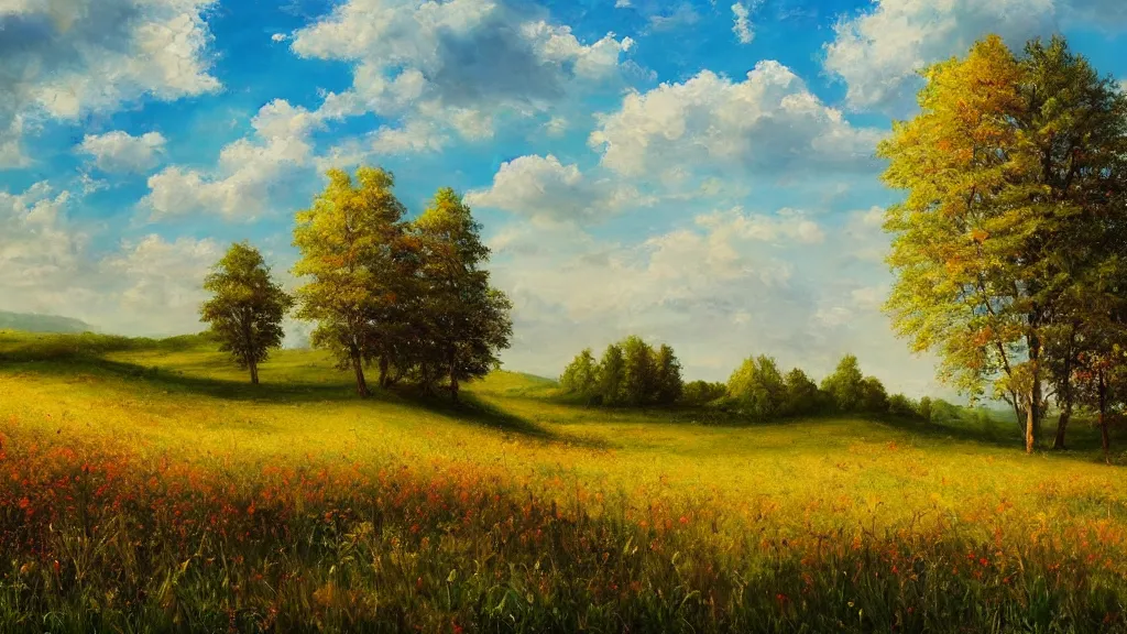 Image similar to the most beautiful panoramic landscape, oil painting, meadow with trees starting to bloom, leaves falling, cinematic lighting, highly detailed, very realistic