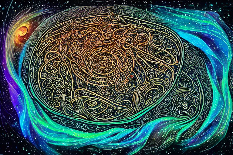 Image similar to a intricate background design with deep and intricate rune carvings and twisting lovecraftian by dan mumford, twirling smoke trails, a twisting vortex of dying galaxies, collapsing stars, digital art, photorealistic, vivid colors, highly detailed, intricate