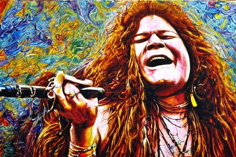 Image similar to highly detailed oil painting of janis joplin playing in woodstock 1 9 6 9, very realistic, top view, art nouveau, dramatic light,