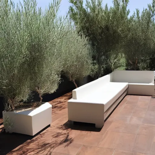 Prompt: large concrete pot on the rooftop, olive trees, comfortable for seating, wpc decking on the floor