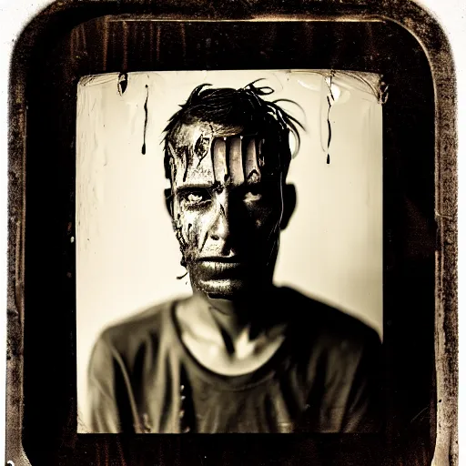 Image similar to A wet-collodion portrait of a man who comes back from a horrific war, he stares into the distance as his eyes show glimmers of hope, depth of field, 50mm lens, studio lighting, high contrast